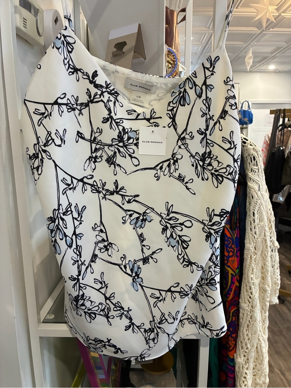 Club Monaco White Silk-Blend Cami with Black Botanical Sketch Print NWT
